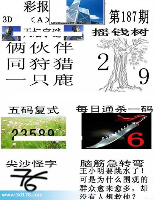 香港彩报3d第2026187期杀一码:6