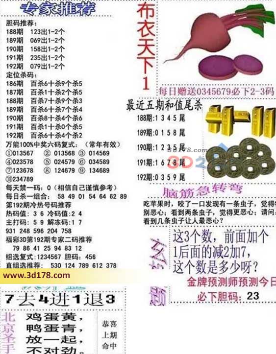 3d布衣天下第2026192期胆码推荐:079