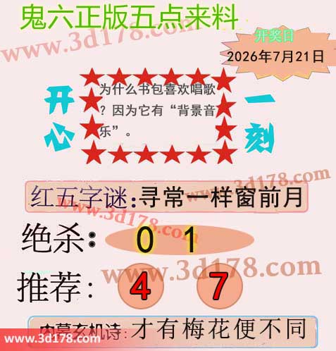 鬼六五点来料3d第2026192期两胆码推荐:47