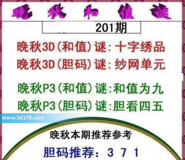 3d红五晚秋图第2026201期和值谜：十字绣品