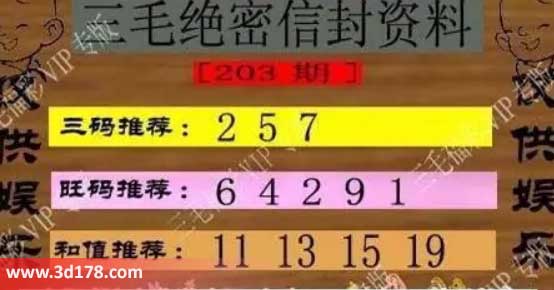 3d第2026203三毛绝密信封资料图胆码推荐：257