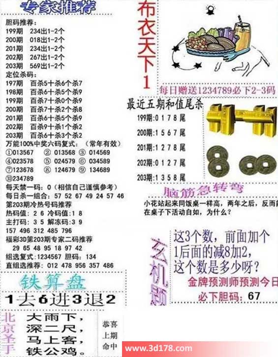 3d布衣天下第2026203期胆码推荐：569