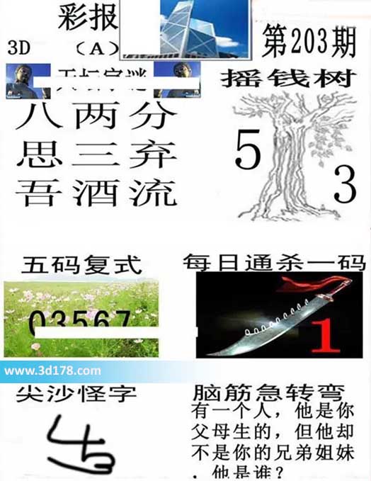 香港彩报3d第2026203期杀一码：9