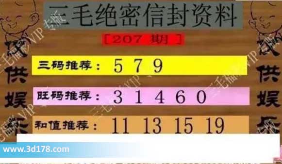 3d第2026207三毛绝密信封资料图胆码推荐:579