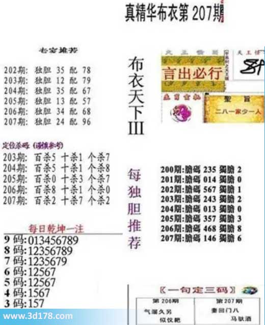 3d真精华布衣第2026207期推荐三码:157