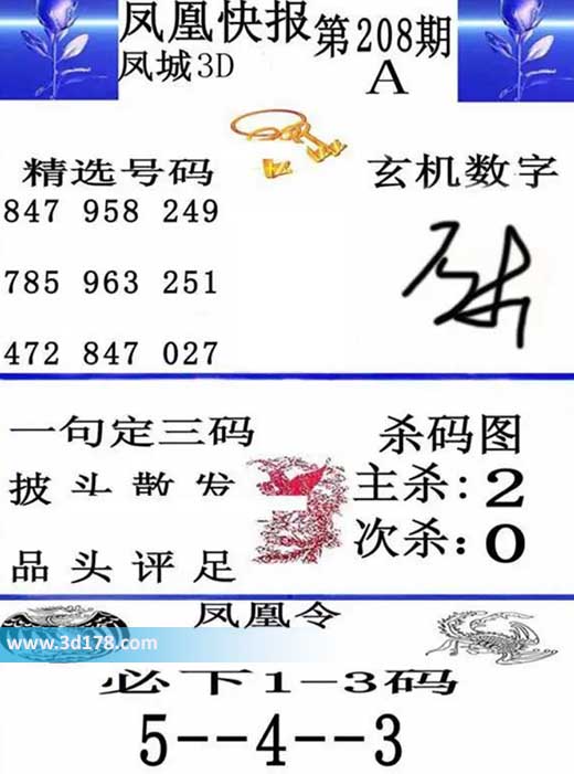3d凤凰快报第2026208期必下1-3码:268