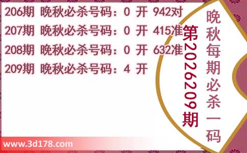 3d第2026209期晚秋杀码图推荐:必杀一码4
