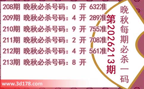 3d第2026213期晚秋杀码图推荐:必杀一码8