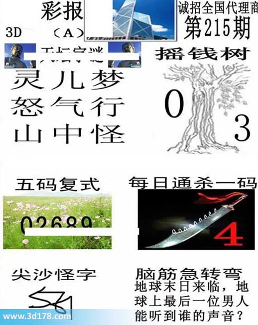 香港彩报3d第2026215期杀一码:1