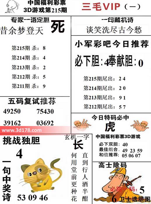 三毛图库3d第2026215期挑战独胆:9
