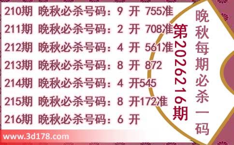 3d第2026216期晚秋杀码图推荐:必杀一码6