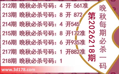 3d第2026218期晚秋杀码图推荐:必杀一码1