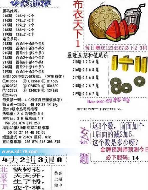 3d布衣天下第2026219期胆码推荐：128
