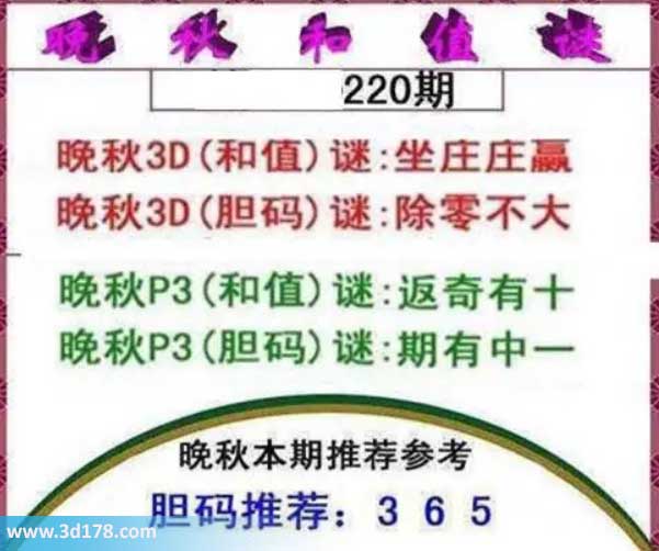 3d红五晚秋图第2026220期胆码谜:除零不大
