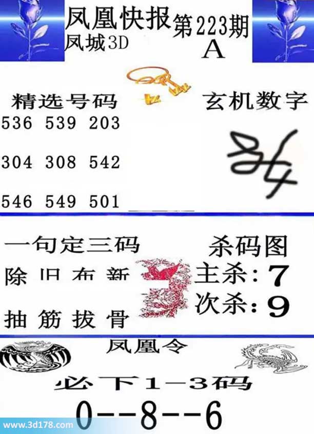 3d凤凰快报第2026223期必下1-3码：068