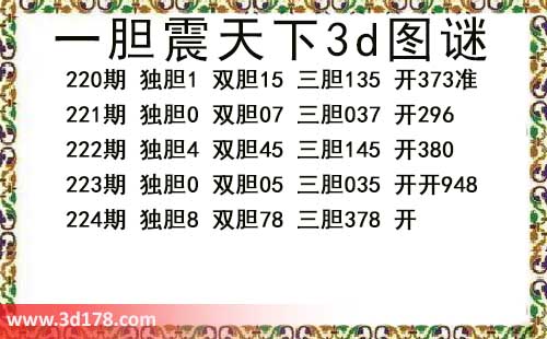 3d第2026224期一胆震天下推荐：三胆378