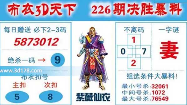 布衣3d天下第2026226期绝杀一码:9