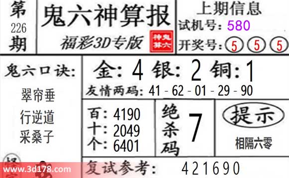 鬼六神算报3d第2026226期杀一码:7
