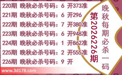 3d第2026226期晚秋杀码图推荐:必杀一码9