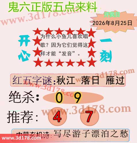 鬼六五点来料3d第2026227期两胆码推荐：47