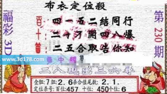 3d布衣图第230期布衣定位杀码图迷