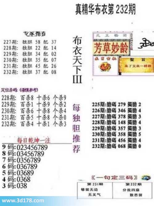 真精华布衣第2026232期推荐三码：038
