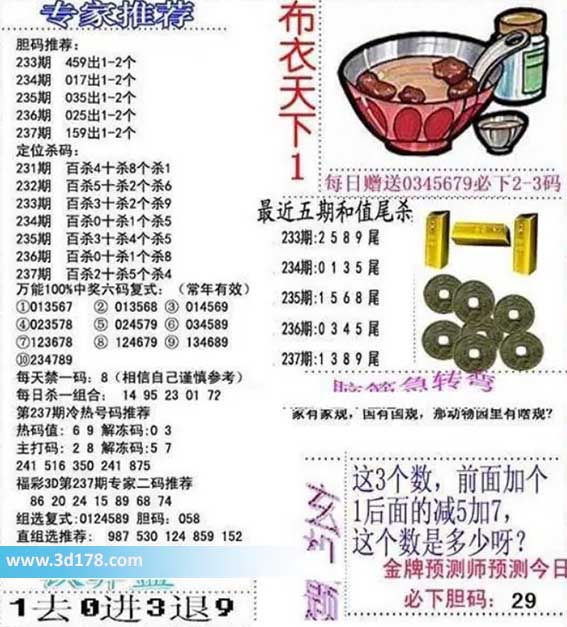 3d布衣天下第2026237期胆码推荐:159