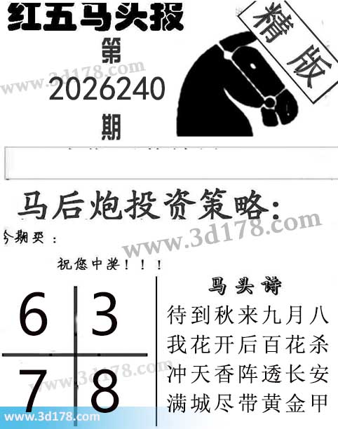 红五马头报3d第2026240期今期买:3678