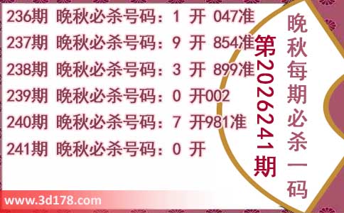 3d第2026241期晚秋杀码图推荐：必杀一码0