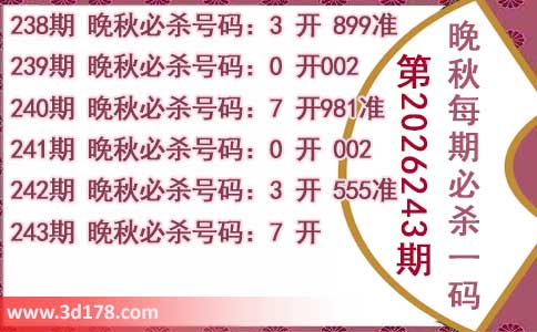 3d第2026243期晚秋杀码图推荐:必杀一码7
