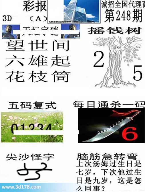香港彩报3d第2026248期杀一码:6