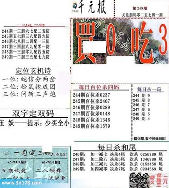 布衣千元报3d第2026249期每日杀一码:9