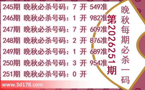 3d第2026251期晚秋杀码图推荐:必杀一码0
