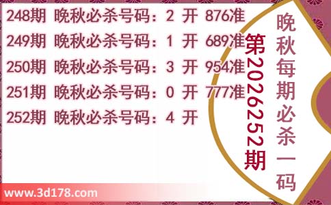 3d第2026252期晚秋杀码图推荐:必杀一码4