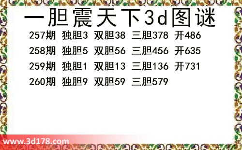 3d第2026260期一胆震天下推荐：三胆579