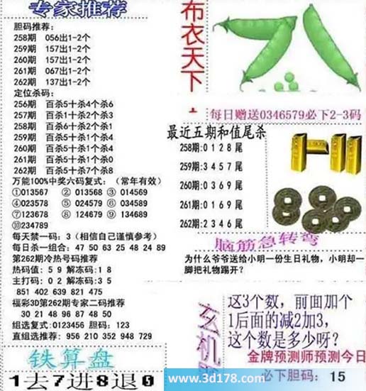 3d布衣天下第2026262期胆码推荐:145