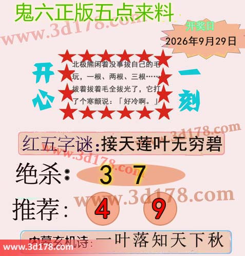 鬼六五点来料3d第2026262期两胆码推荐：49