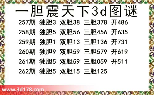 3d第2026262期一胆震天下推荐：三胆125