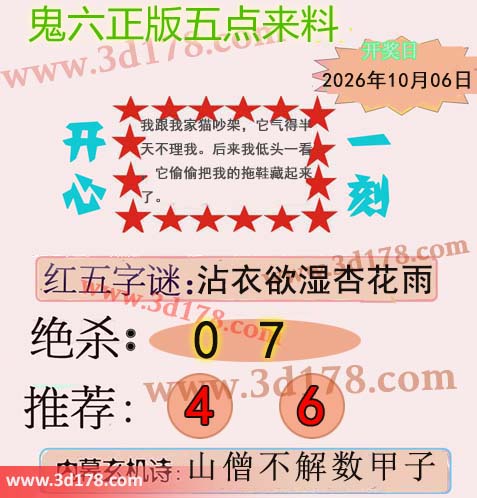 鬼六五点来料3d第2026265期两胆码推荐：49