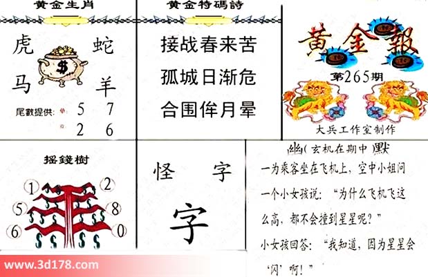 3d第2026265黄金报尾数推荐：单数57