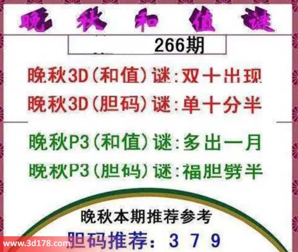 3d红五晚秋图第2026266期胆码谜：单十分半