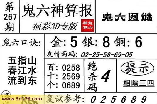 鬼六神算报3d第2026267期杀一码:4