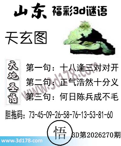 3d第2026270期丹东天玄图第一句:十八逢三对对开