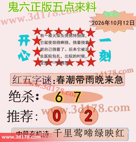 鬼六五点来料3d第2026271期两胆码推荐：02