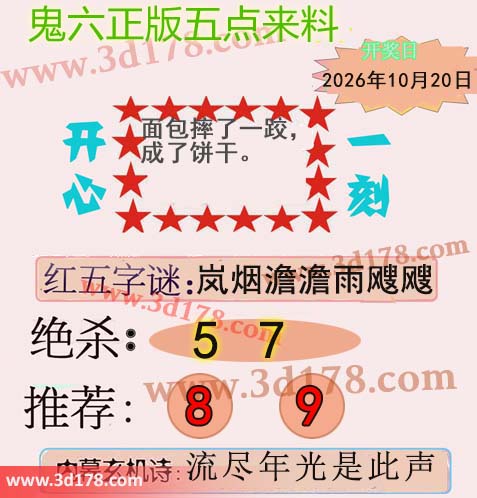 鬼六五点来料3d第2026279期两胆码推荐:8 9