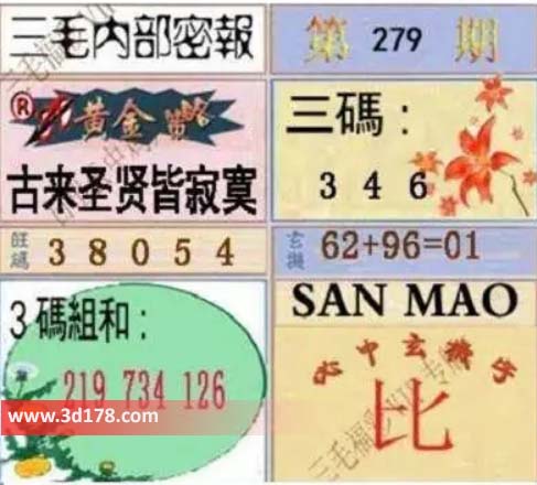 3d三毛内部密报图第2026279期三码推荐:346