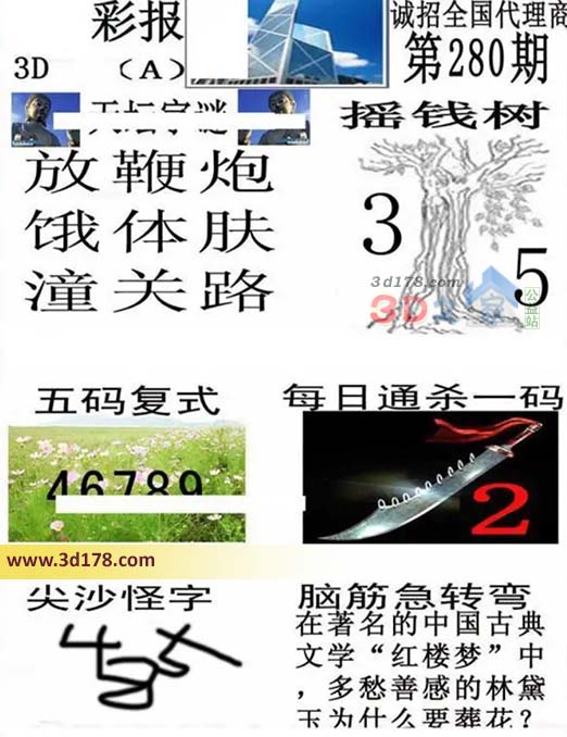 香港彩报3d第2026280期摇钱树：3 5