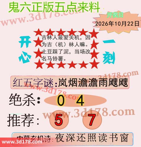 鬼六五点来料3d第2026281期两胆码推荐：5 7