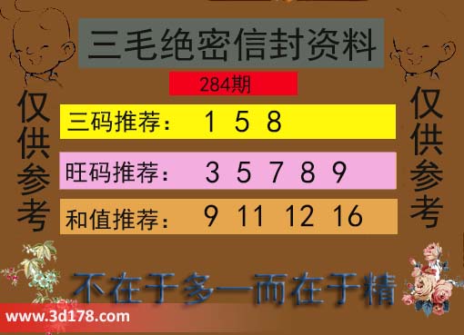 3d第2026284三毛绝密信封资料图胆码推荐:158