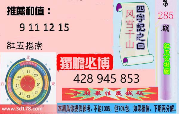 第2026285期3d红五玄机图四字记之曰:风雪千山